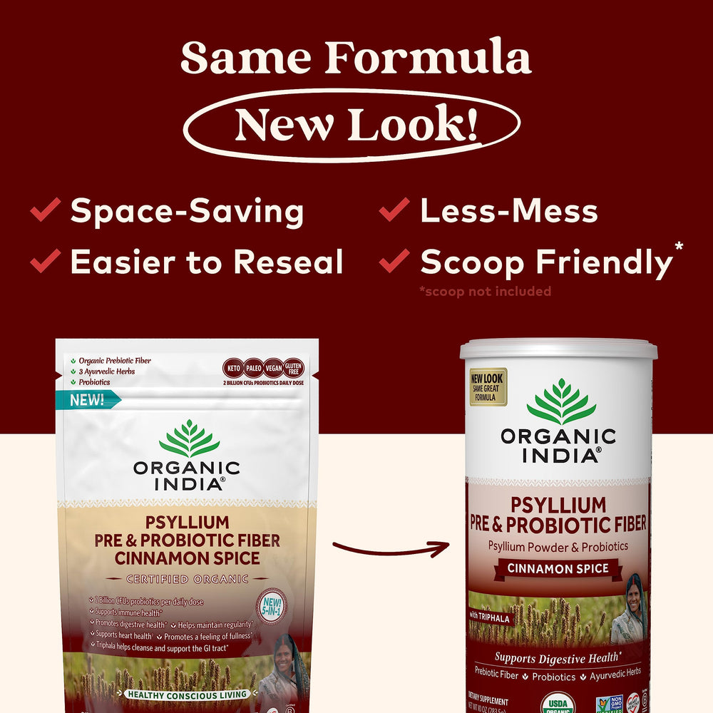 Measuring scoop with ORGANIC INDIA Psyllium Husk Powder in a bowl