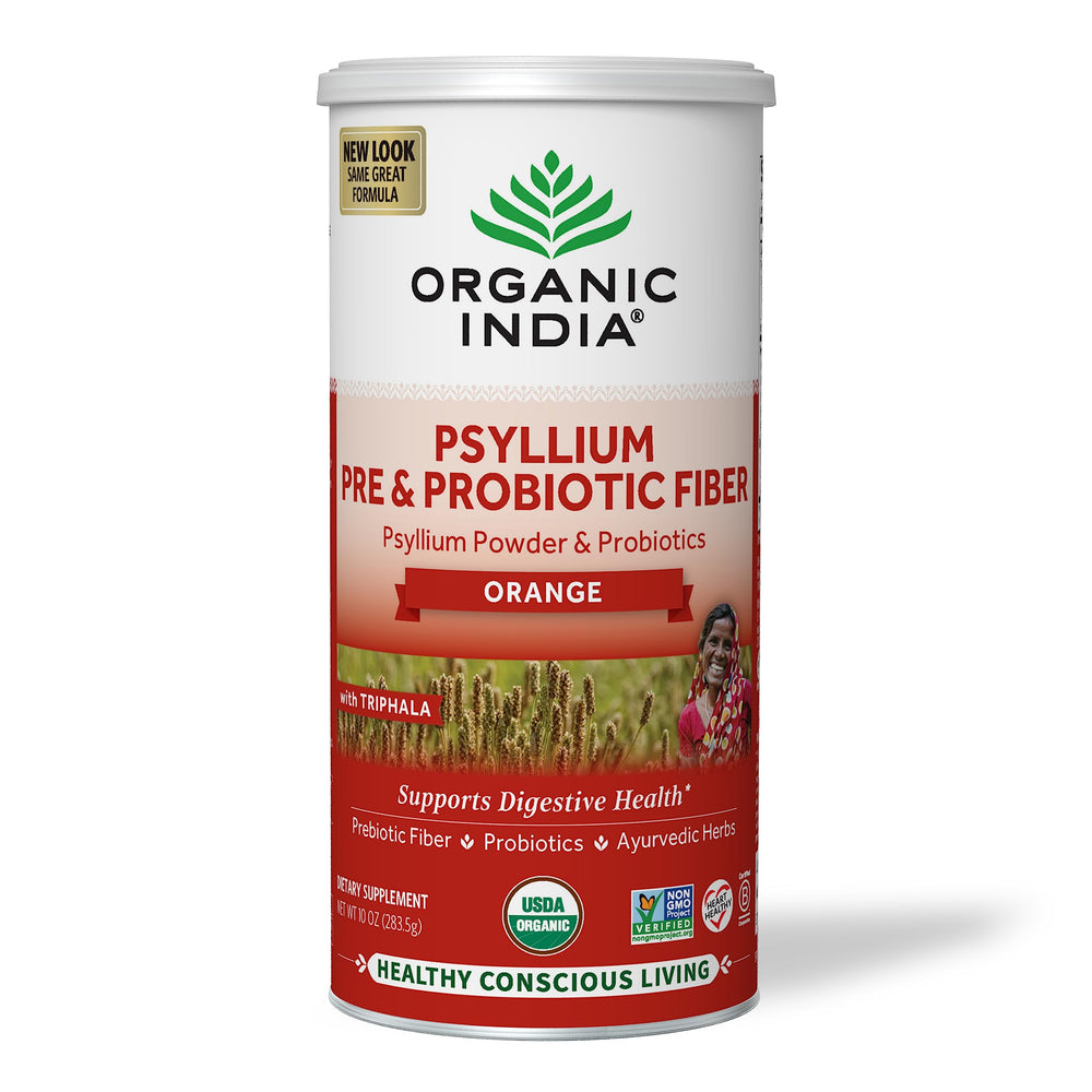 Front view of Organic India Psyllium Husk Powder orange flavor, 10 oz