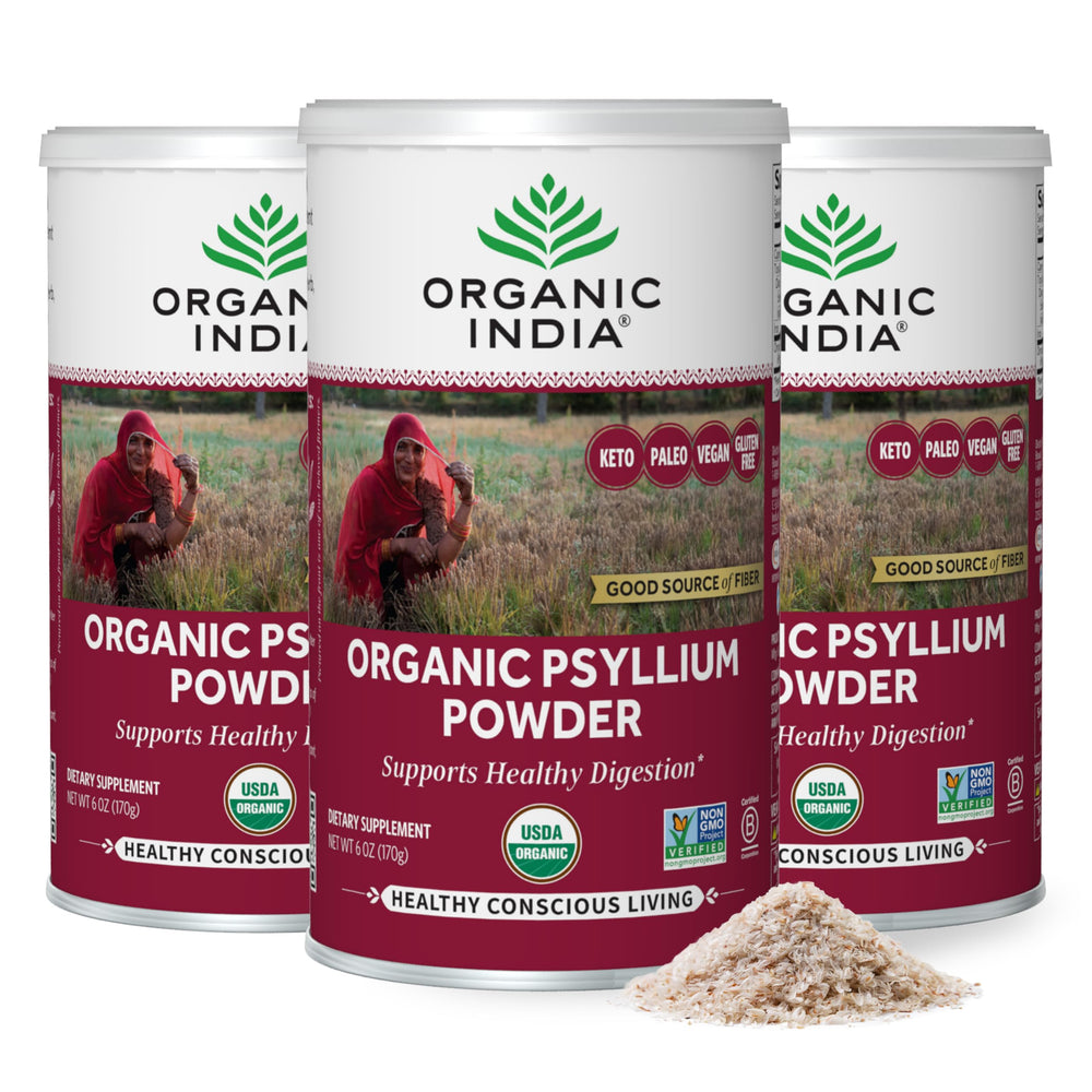 Front view of Organic India Psyllium Powder fine grain bottle