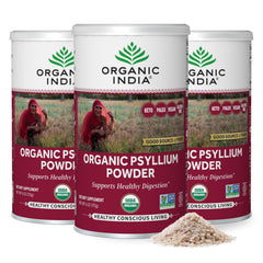 Front view of Organic India Psyllium Powder fine grain bottle