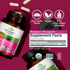 Shatavari capsules with vegan, gluten-free and organic certification icons
