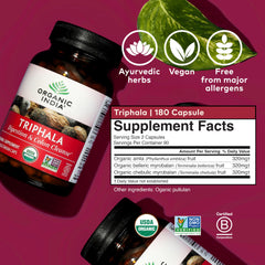 Certified organic and vegan icons on Triphala bottle label