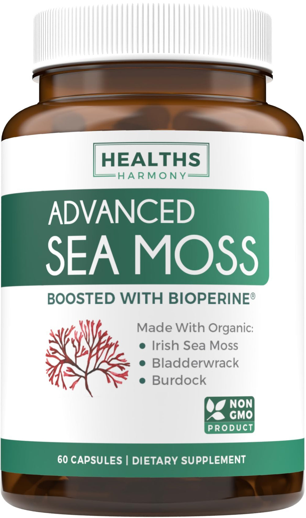 Bottle of Organic Irish Sea Moss Capsules with label