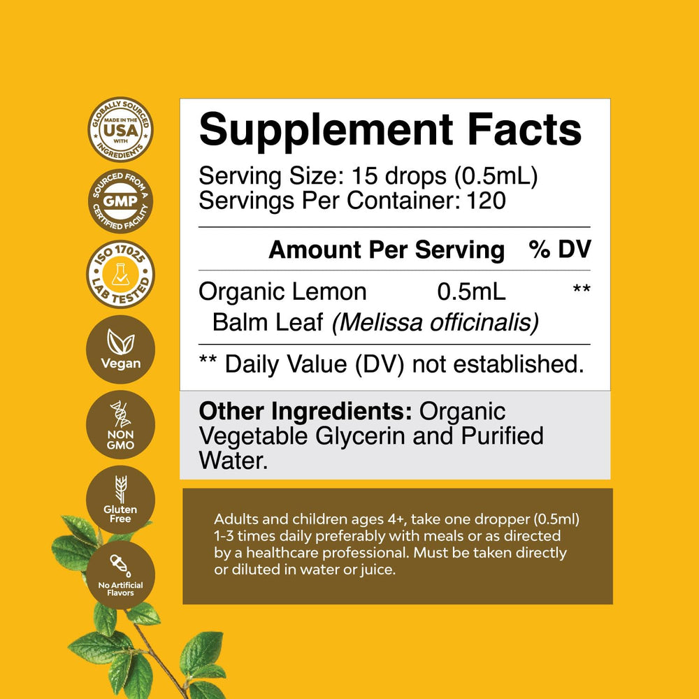 Dropper dispensing lemon balm tincture into glass bottle
