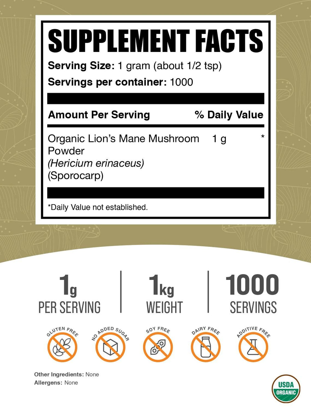 Organic Lions Mane powder vegan and gluten-free 1kg