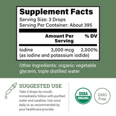 Back label showing ingredients and dosage for Lugol's Iodine 2% solution