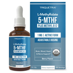 Bottle of Organic Methyl Folate 1000 mcg + Methyl B12 Cofactor liquid sublingual berry flavor