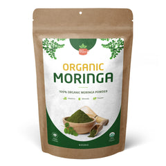 Front view of 16oz resealable pouch of Organic Moringa Leaf Powder