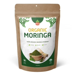 Front view of 8oz resealable pouch of Organic Moringa Leaf Powder