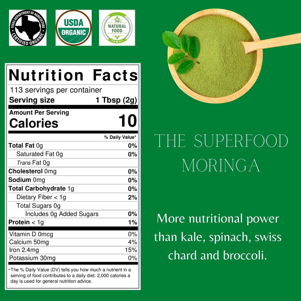 Close-up of resealable pouch showing green moringa powder