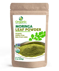 Organic Moringa Powder 8 oz packaging in resealable kraft bag