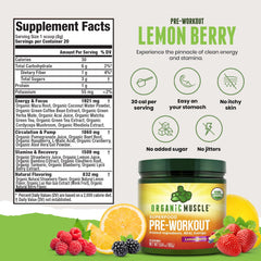 Organic Muscle pre-workout bottle label highlights USDA Organic, natural ingredients for confidence.