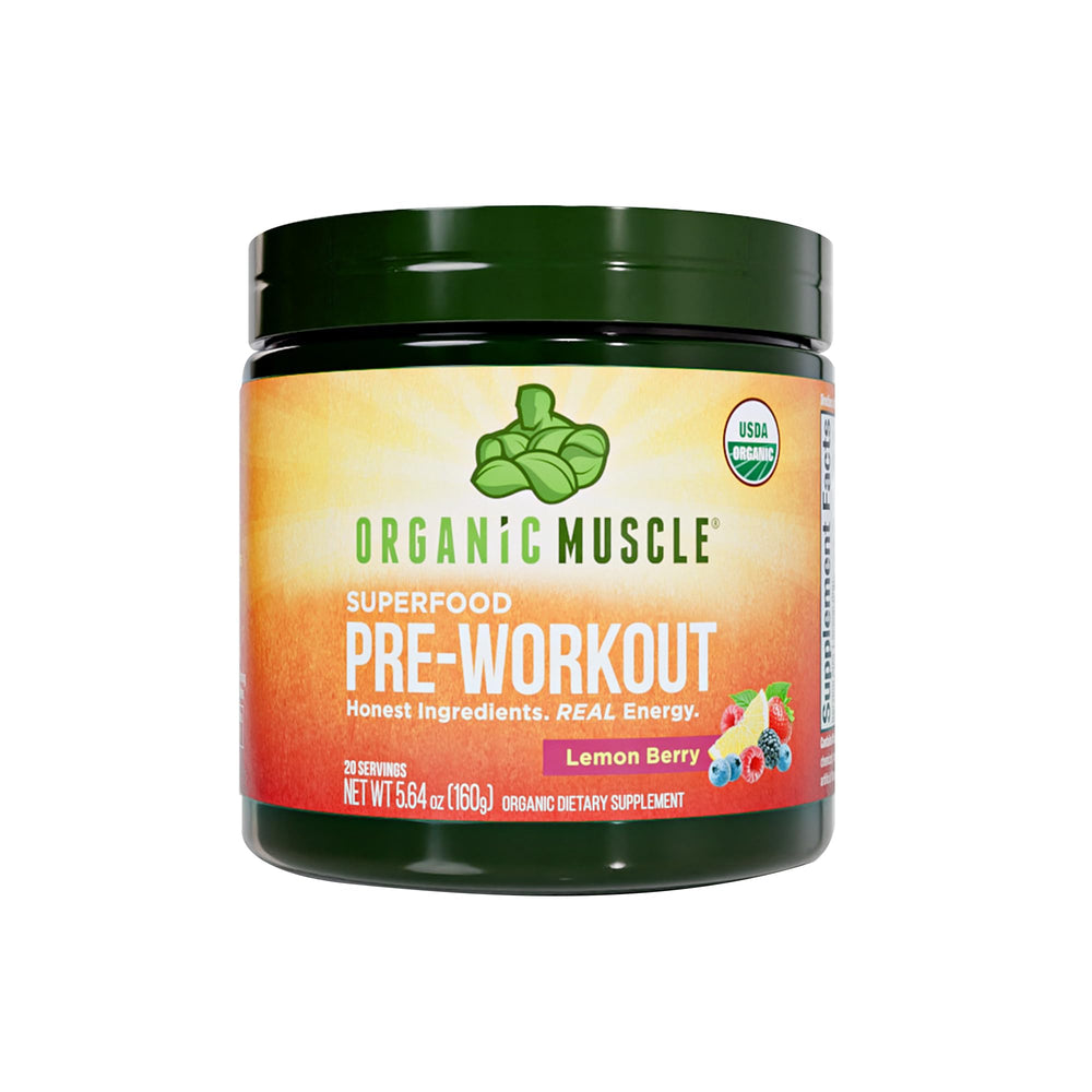 Organic Muscle pre-workout lemon-berry bottle emphasizes clean energy for workouts.