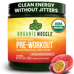 Organic Muscle pre-workout serving scoop in hand for quick training fueling.