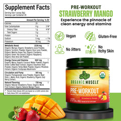 Organic Muscle ingredients label highlights 20 superfoods for natural performance support.