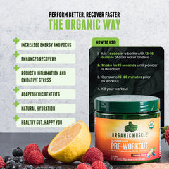 Organic Muscle pre-workout Strawberry Mango mixed drink promotes steady energy during sessions.