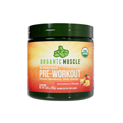 Organic Muscle pre-workout Strawberry Mango powder scoop shows clean energy for focused training.