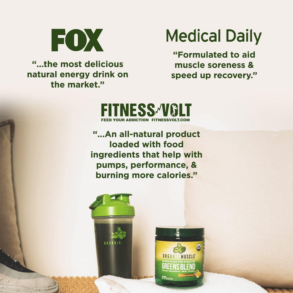 Organic Muscle Super Greens Powder color-forward greens display signals vibrant wellness.