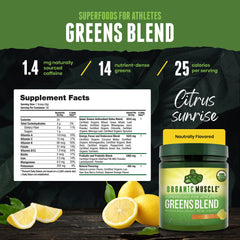 Organic Muscle Super Greens Powder matcha energy shot highlights antioxidant lift.