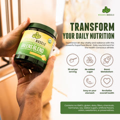 Organic Muscle Super Greens Powder scoop closeup shows easy mixing for quick nutrition.