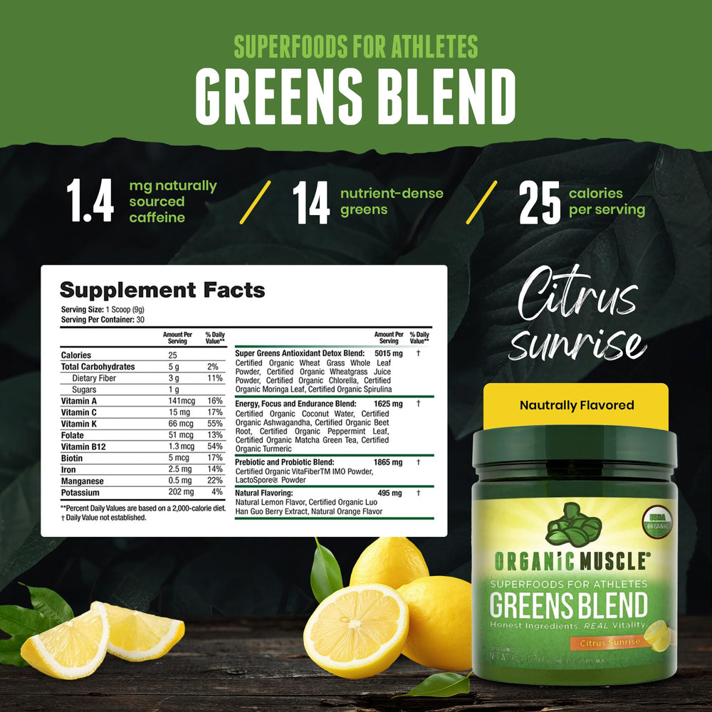 Close-up of spirulina and chlorella ingredients in Organic Muscle Super Greens Powder