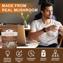 Pouring a mug of mushroom coffee blended with arabica coffee