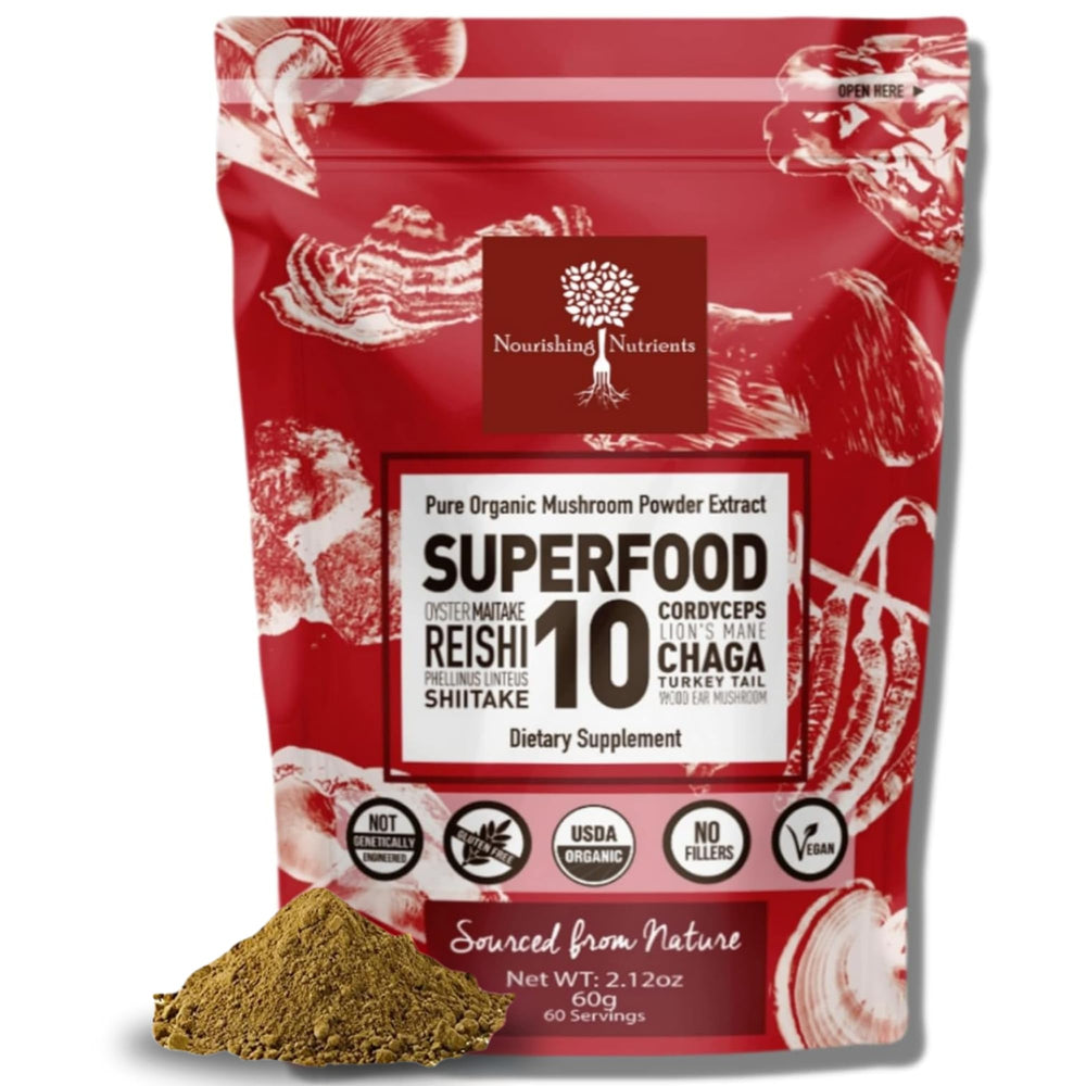 Front view of organic mushroom powder 10-mushroom blend 60g package