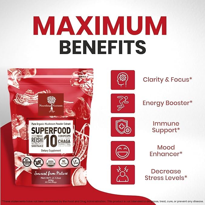 Close-up of the 10-mushroom blend powder in a scoop