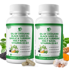 Bottle of Organic Oil of Oregano Capsules with Black Seed Oil
