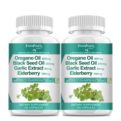Bottle of Organic Oregano Oil Capsules featuring 11-in-1 blend for immune support