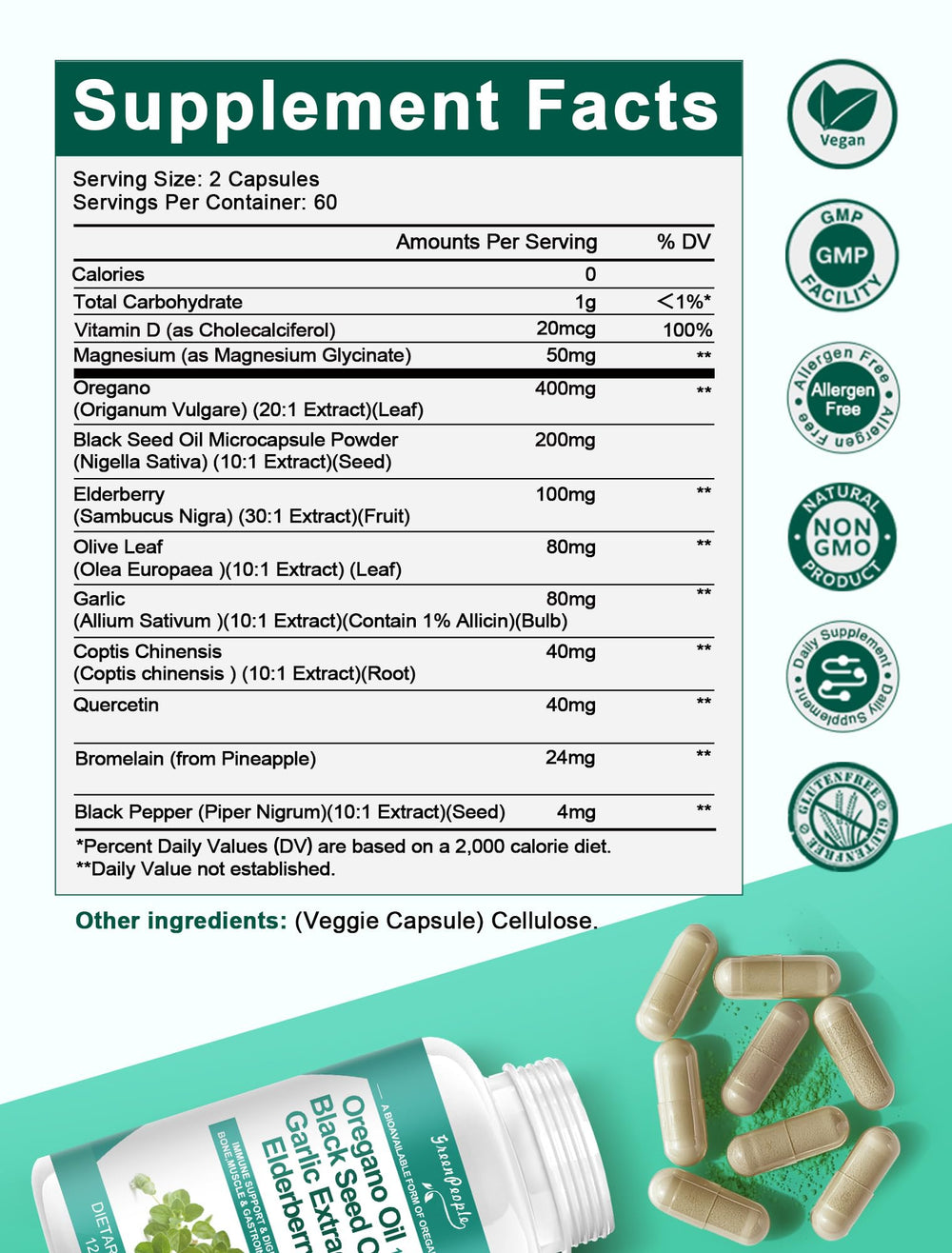 Bottle on green background showcasing Organic Oregano Oil Capsules packaging
