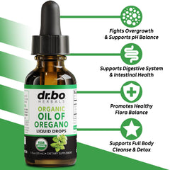 Organic oregano oil drops supporting digestive health, 1 oz