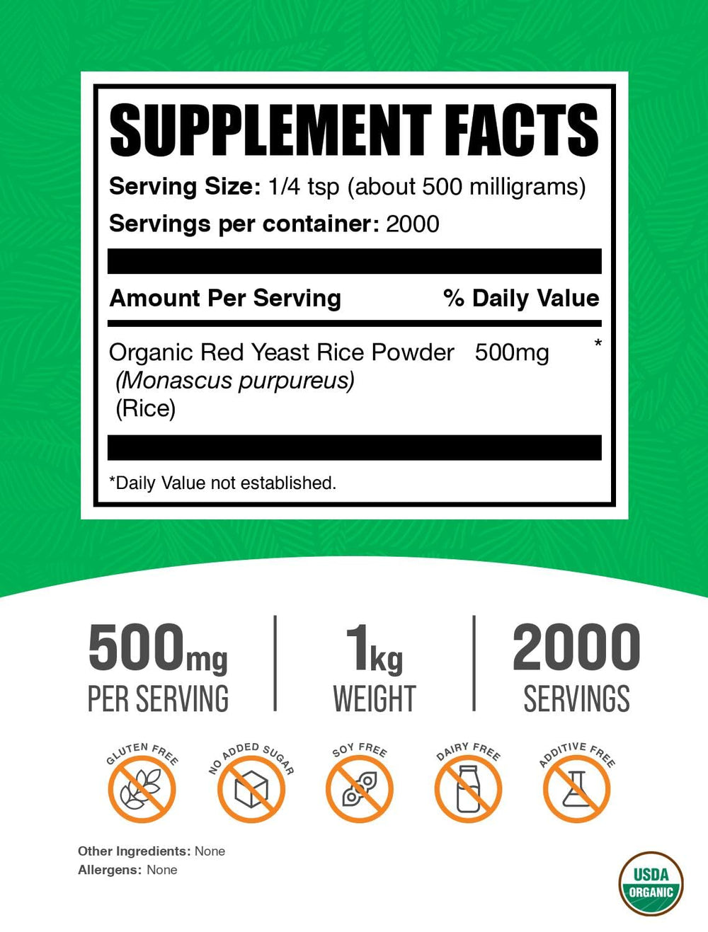 Organic Red Yeast Rice Powder 1kg packaging and label