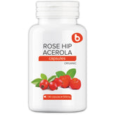 Front bottle of Organic Rose Hips & Acerola Capsules - plant-based vitamin C