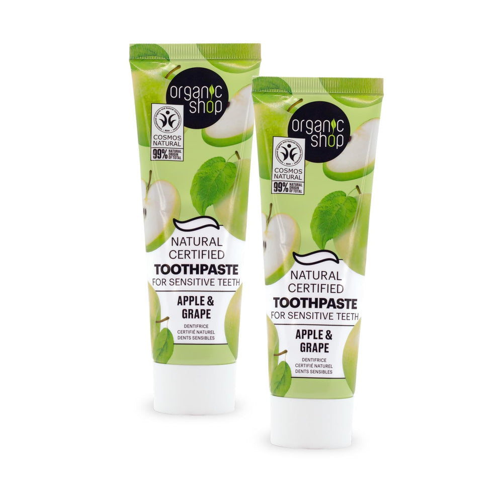 Organic Shop toothpaste on bathroom shelf suggesting clean-beauty routine