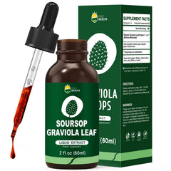 Organic soursop graviola leaf extract drops bottle on white background