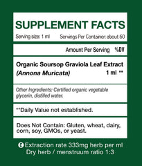Close-up of organic soursop graviola leaf extract drops bottle