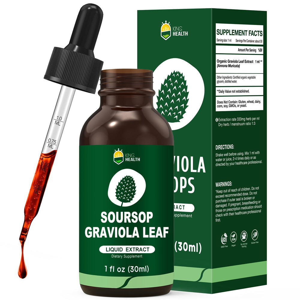Organic Soursop Graviola Leaf Extract Liquid Drops bottle label close-up