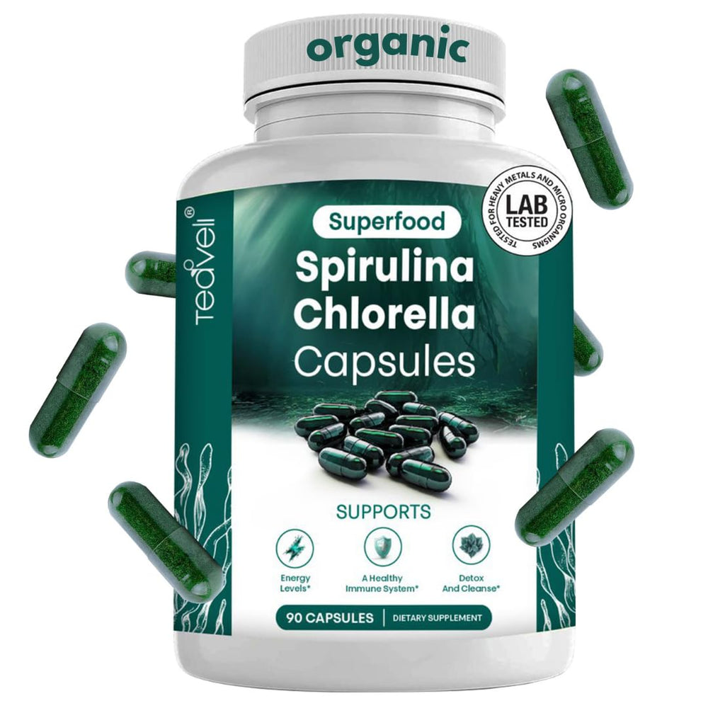Front view of Organic Spirulina & Chlorella Capsules bottle - 90 count