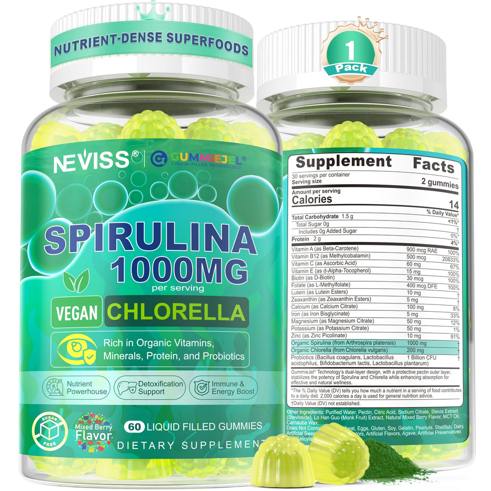 Front label of Organic Spirulina & Chlorella Gummies bottle