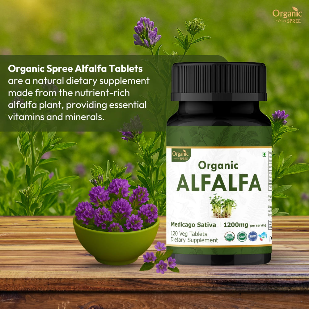 Nutrition facts panel for Organic Spree Alfalfa tablets