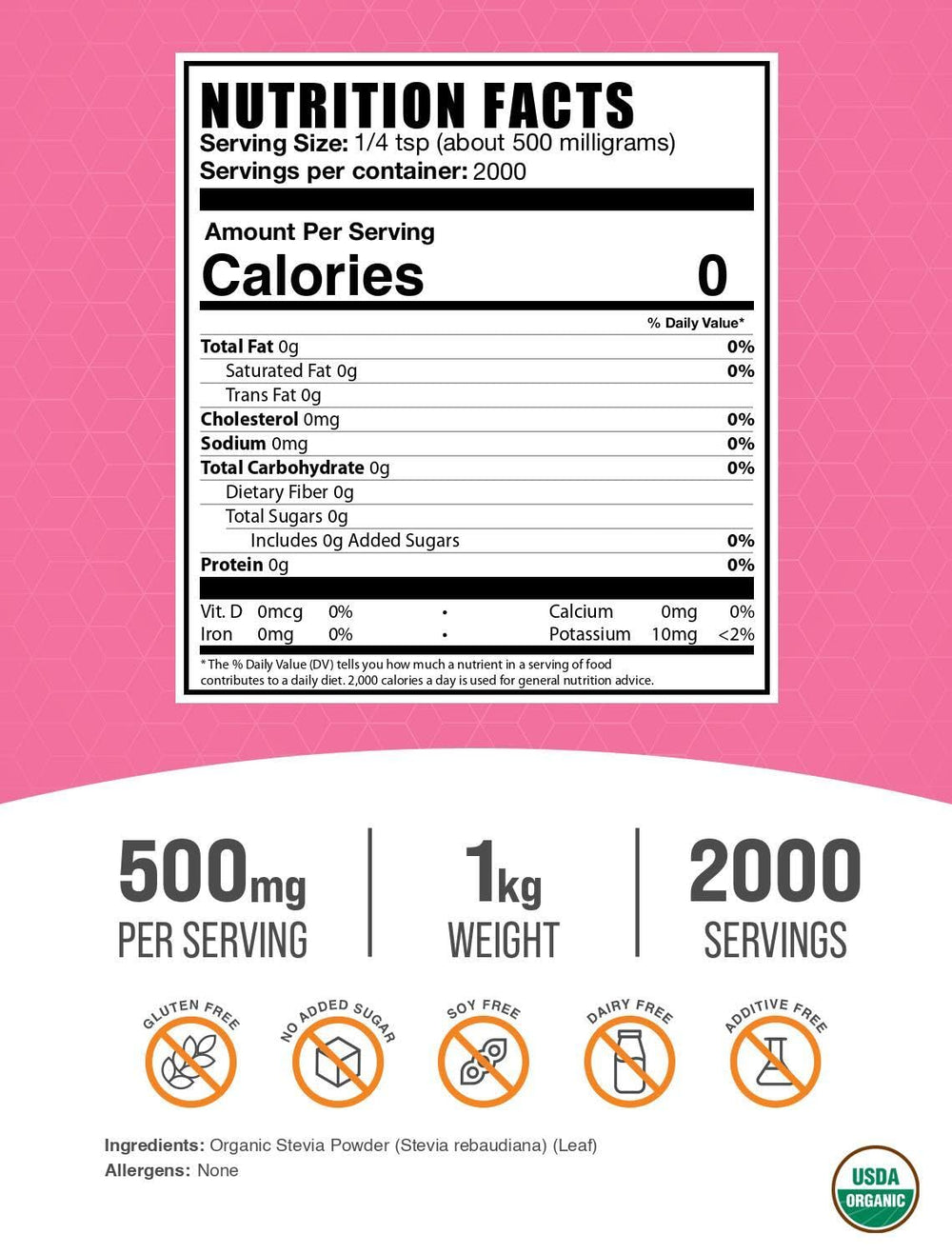 Organic Stevia Powder sweetener with 500 mg per serving