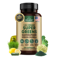 Solnuvi Organic Super Greens Capsules bottle and packaging on a clean surface