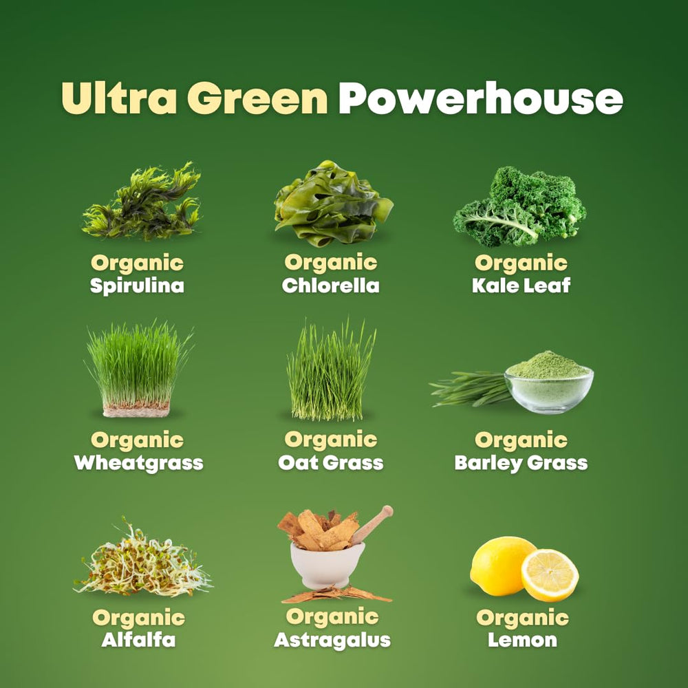Ingredient lineup: Spirulina, Chlorella, Kale, Wheatgrass, Barley Grass, Oatgrass, Lemon, Astragalus