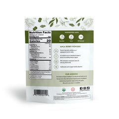 Label showing Organic and Non-GMO certifications for amla powder