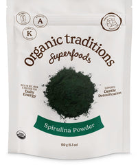 Front view of Organic Traditions Spirulina powder bag (150g)