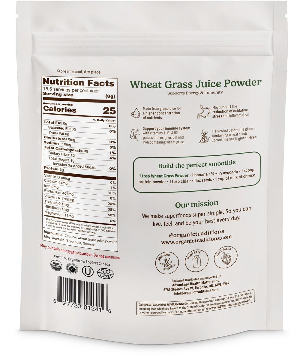 Label showing gluten free wheat grass powder