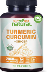 Bottle of Organic Turmeric Curcumin capsules with ginger and black pepper