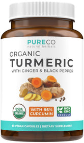 Bottle of Organic Turmeric Ginger Black Pepper supplement showing label