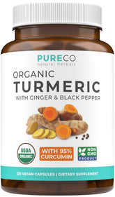 Front view of Organic Turmeric Ginger Black Pepper supplement bottle